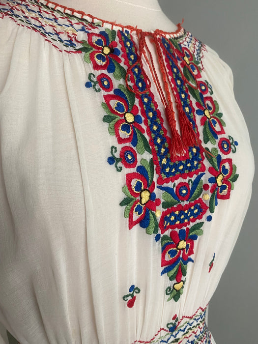 Exquisite 1920's Hungarian Embroidered Cotton Voile Dress / Medium