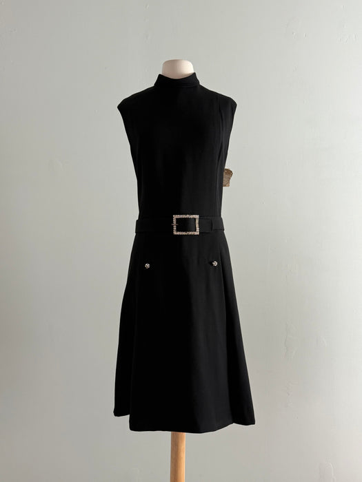 Iconic 1960's Teal Traina Black Wool Dress with Rhinestone Accents – New with Joseph Magnin Tags / ML