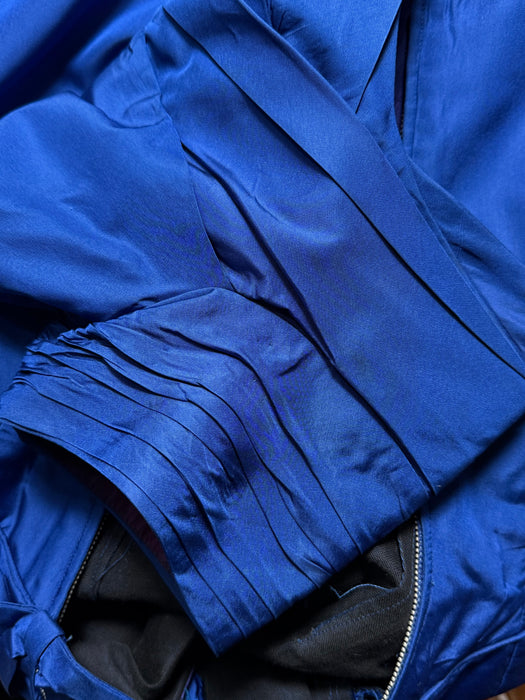 Stunning 1950's Cobalt Blue Sculpted Silk Cocktail Dress with Fan Back / S