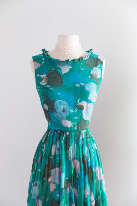 Dreamy Early 60's Teal Blue Impressionist Rose Print Cotton Sundress / S