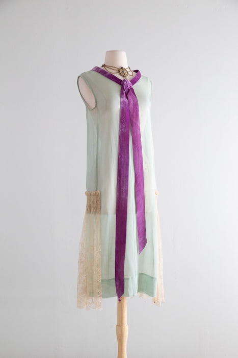 Ethereal 1920’s Aquamarine & Violet Sheer Silk Chiffon Flapper Dress With Embroidered Net