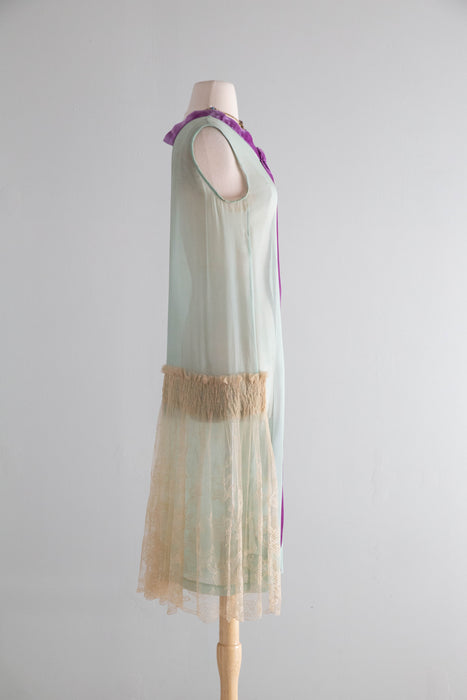 Ethereal 1920’s Aquamarine & Violet Sheer Silk Chiffon Flapper Dress With Embroidered Net