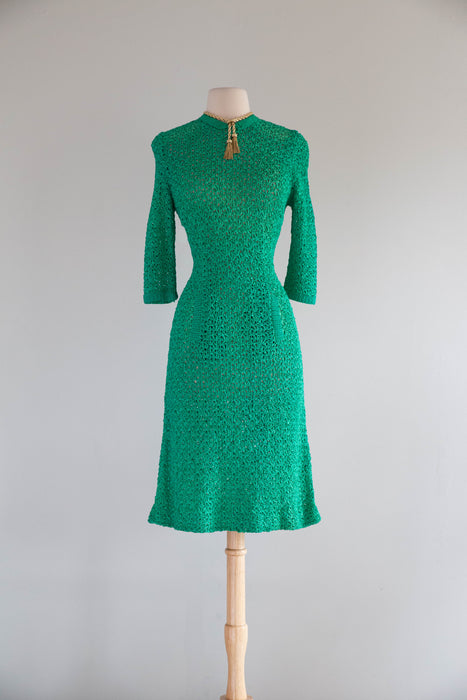 Beautiful 1960's I.Magnin Jade Green Crochet Dress With Pockets / M