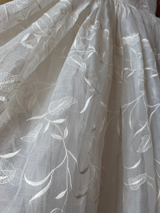 Dreamy 1950's Embroidered Cotton Organdy Tea Length Wedding Dress / S