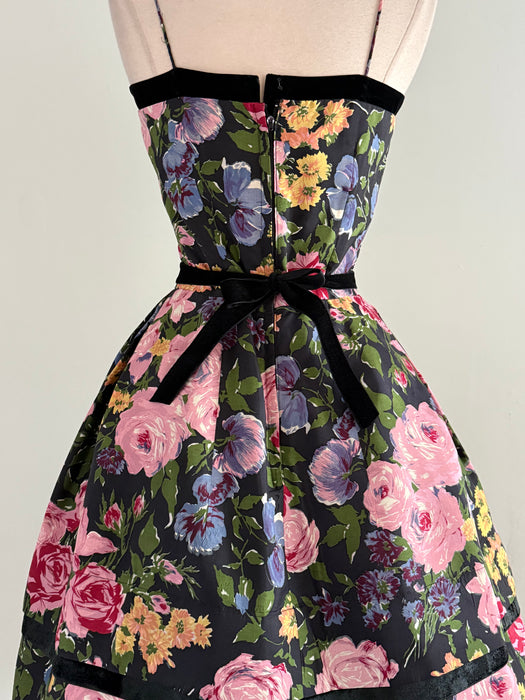 Stunning 1950's Silk Rose Garden Print Party Dress From Neiman Marcus / S
