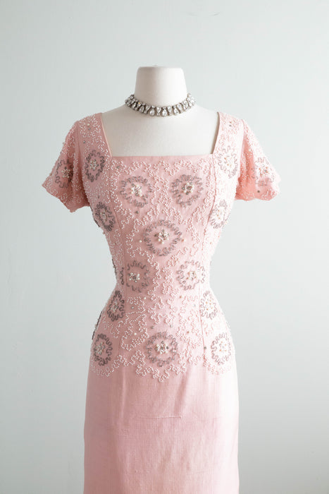 Stunning 1950’s Frank Starr Beaded Peony Pink Silk Cocktail Dress / ML