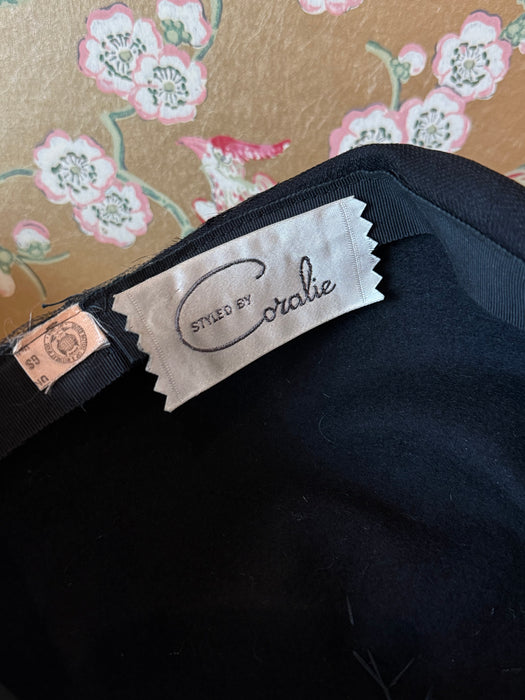Elegant 1960’s Black Cocktail Hat By Coralie