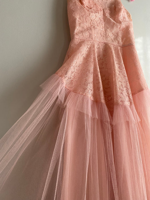 Romantic Ballet Slipper Pink Tulle & Lace Party Dress From The 1950's / Small