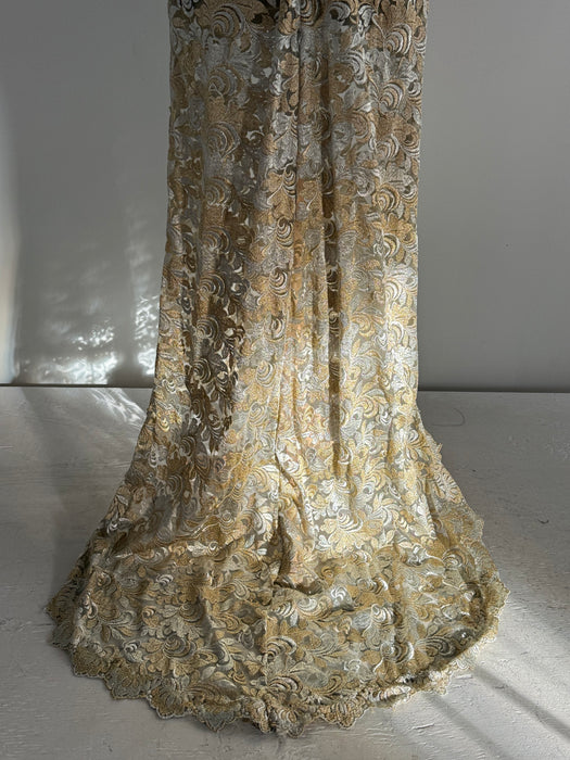 Stunning 1990's Custom Embroidered Net Evening Gown With Train / S