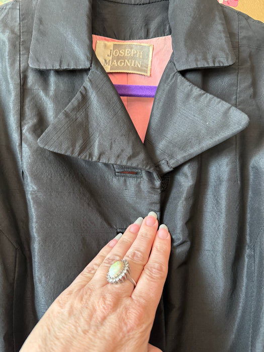 Exquisite 1950's Joseph Magnin Silk Princess Coat With Trapunto Skirt and Pink Lining / M