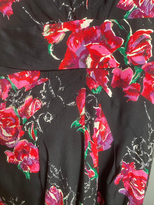 My Favorite 1930's Silk Rose Print Full Length Evening Dress With Sash / M