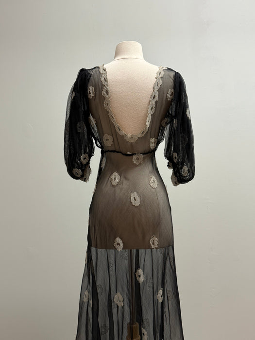 Ethereal 1930's Embroidered Sheer Black Silk Net Bias Cut Gown / S