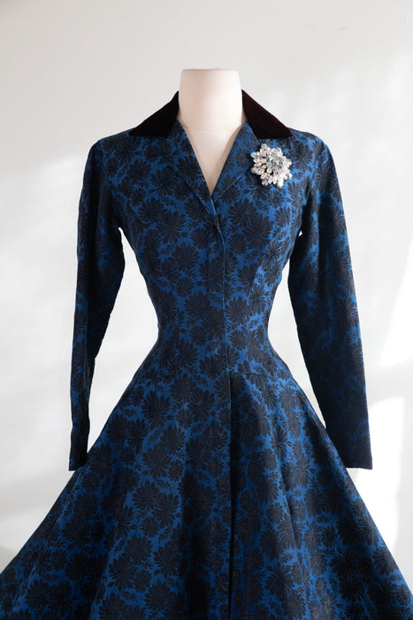 Fabulous Late 1950's Estevez Midnight Blue Brocade Party Dress / S