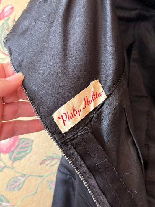 Iconic 1950's Black Silk Satin Couture Evening Gown By Philip Hulitar / Small