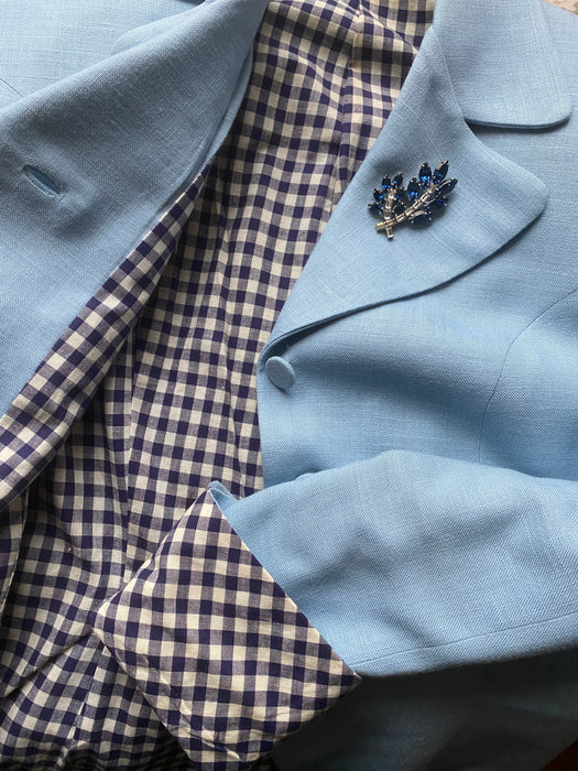 Elegant 1940's Wallis Blue Linen Suit With Gingham Cuffs & Lining / SM