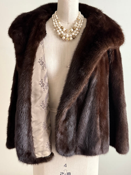 Gorgeous 1950's Dark Mahogany Mink Jacket With Embroidered Silk Lining / SM
