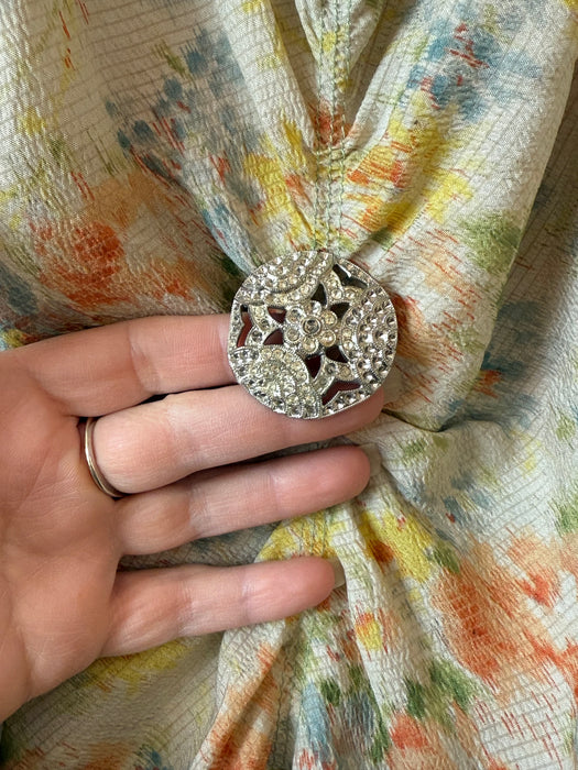 Exquisite 1930's Summer Floral Print Bias Cut Formal Gown With Deco Rhinestone Buttons / M