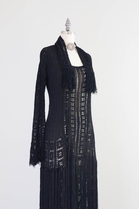 Sinuous 1920’s Black Silk Geometic Crochet Fringed Evening Dress Robe / Small