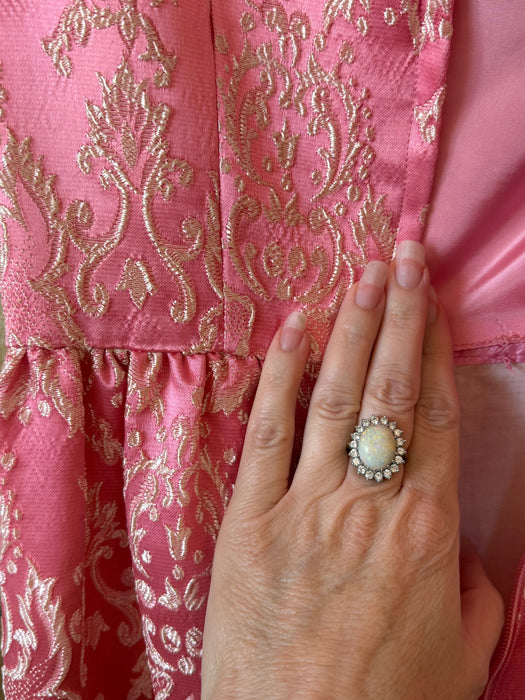 Iconic Early 1960's Pink & Ivory Brocade Evening Dress With Bow / SM