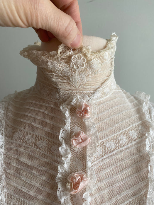 Exquisite Edwardian Embroidered Net Tea Dress With Pale Pink Rosettes / Small