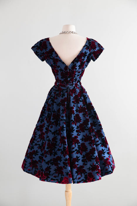 Gorgeous 1950’s Samuel Winston by Roxane Demi Couture Flocked Velvet Cocktail Dress / SM