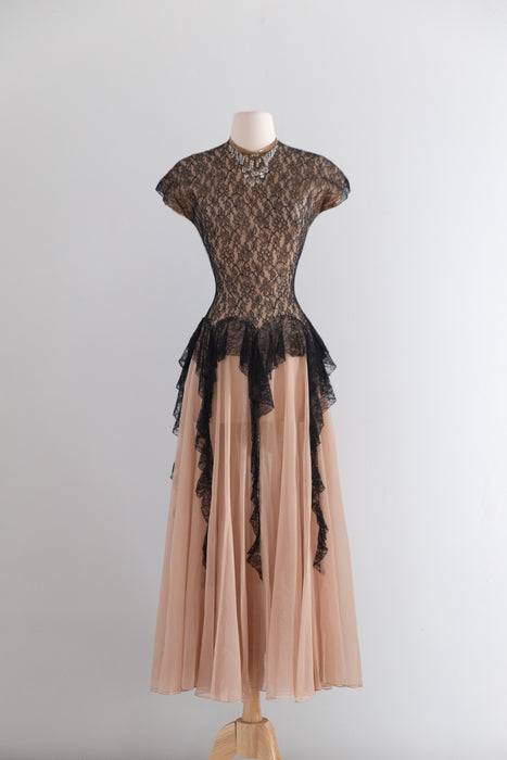 Fabulous Late 1940’s Peggy Hunt Original Illusion Lace  Evening Dress / Sm