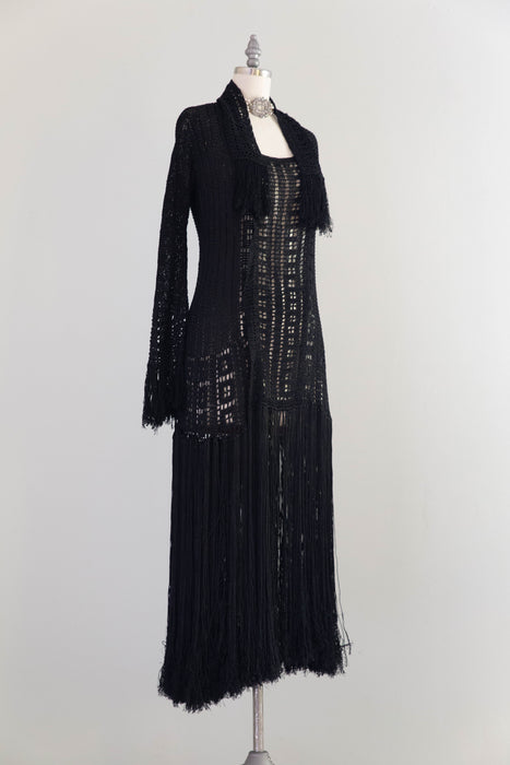 Sinuous 1920’s Black Silk Geometic Crochet Fringed Evening Dress Robe / Small