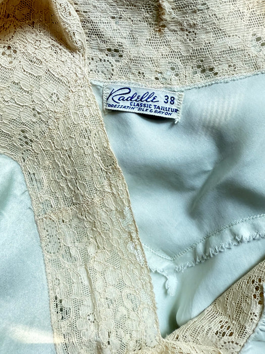 Heavenly 1930's Pale Blue Silk Bias Cut Nightgown With Lace Trim / ML