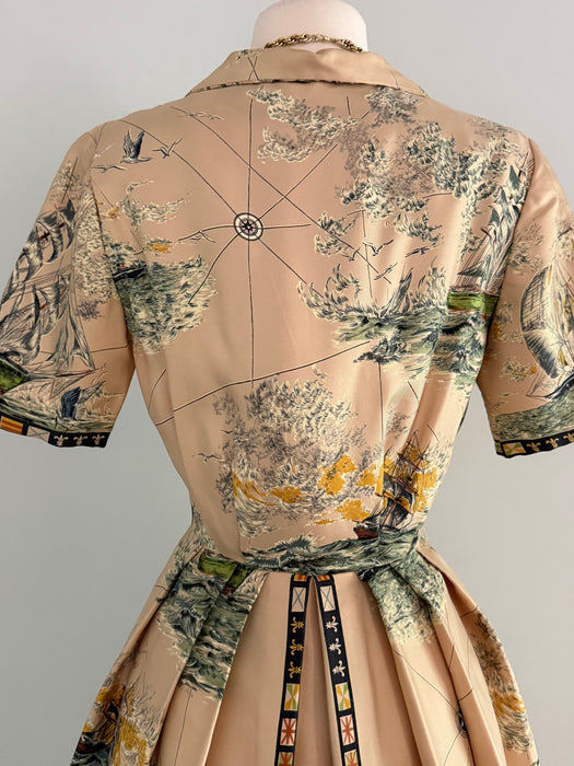 Incredible 1950's Silk Nautical Scene Dress By Simone de Paris / SM