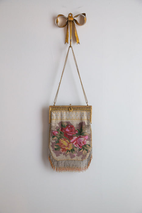 Beautiful Antique Edwardian Rose Micro Beaded Handbag