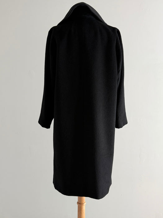 Sublime 1950s Black Virgin Wool Cocoon Coat with Dramatic Striped Lining. / M