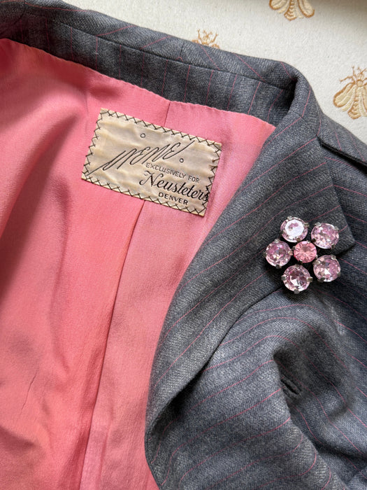 Rare Late 1940's Irene Lentz Grey Wool Pinstripe Ladies Suit With Pink Lining / M