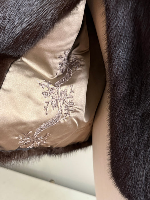 Gorgeous 1950's Dark Mahogany Mink Jacket With Embroidered Silk Lining / SM