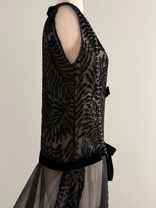 Stunning 1920s Black Silk Chiffon & Devoré Velvet Flapper Dress / S