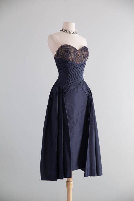 Exquisite 1950's Couture Cocktail Dress in Navy Silk Taffeta and Imported Lace / SM