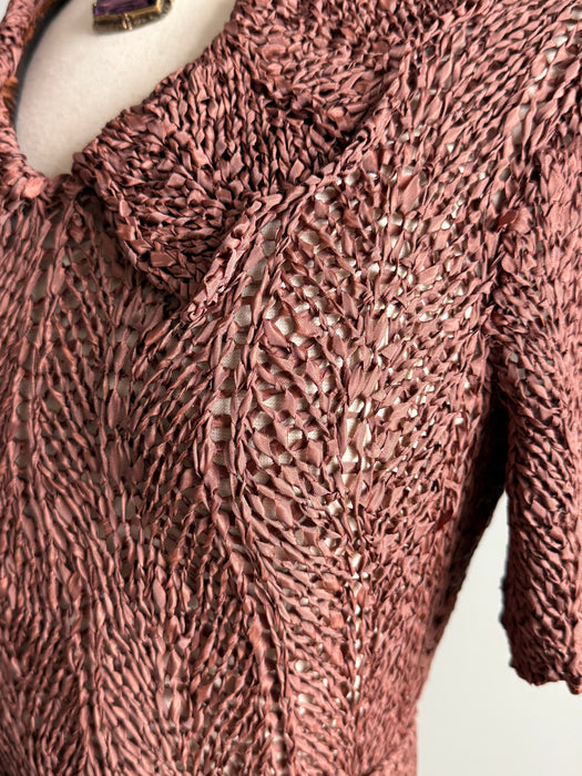 Stunning 1940s Hand-Crocheted Ribbon Dress in Chestnut Brown / Small
