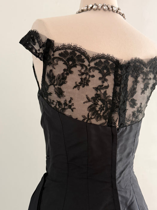 Glamorous 1950's Black Silk Taffeta Cocktail Dress By Milgrim / XS