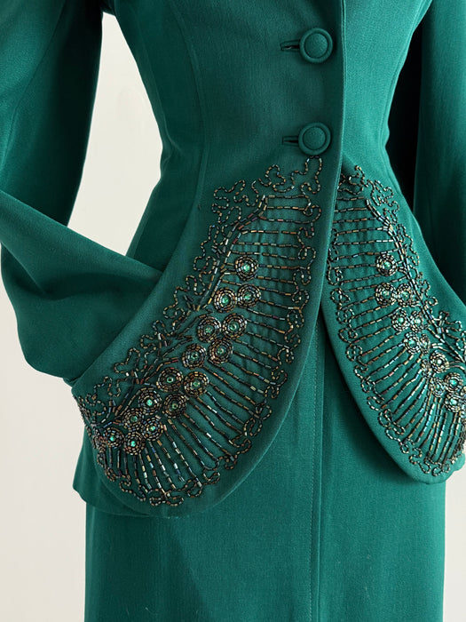 Rare 1940’s Emerald Green Gabardine Two Piece Suit Attributed to Lilli Ann / Small