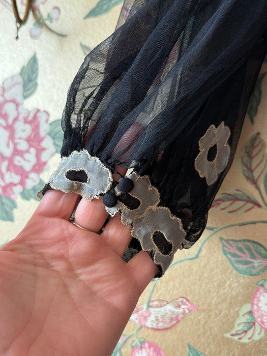 Ethereal 1930's Embroidered Sheer Black Silk Net Bias Cut Gown / S