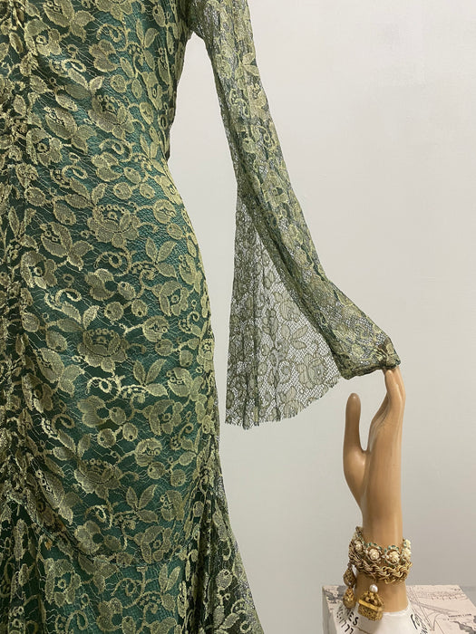 Stunning 1920's Poison Ivy Green Lace Evening Dress With Wings / Small