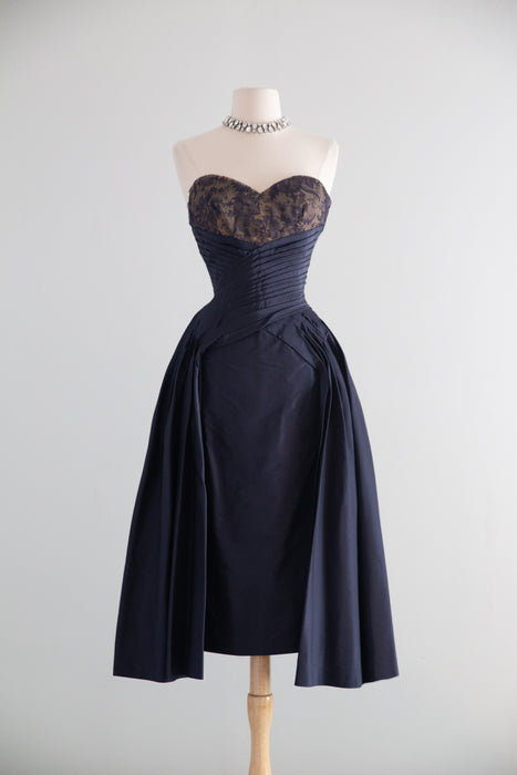 Exquisite 1950's Couture Cocktail Dress in Navy Silk Taffeta and Imported Lace / SM