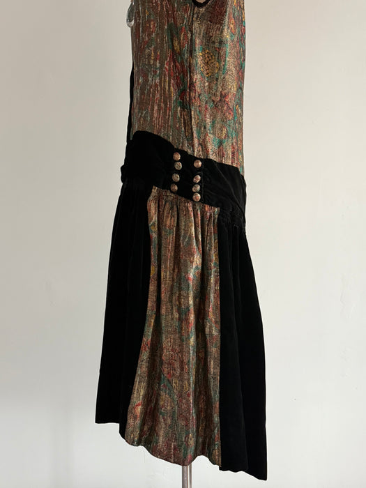 Gorgeous 1920's Holiday Gold Lamé And Black Velvet Flapper Dress / M