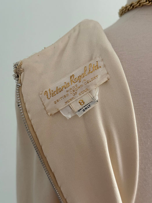 Elegant 1970's Beaded Champagne Jersey Gown By Victoria Royal LTD. // S