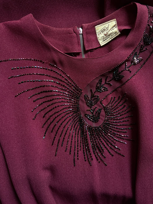 Elegant 1940's Claret Rayon Dress With Beaded Starburst Neckline / L