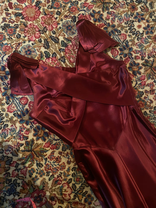 DIVINE 1930's Crimson Slipper Satin Bias Cut Evening Gown / Small