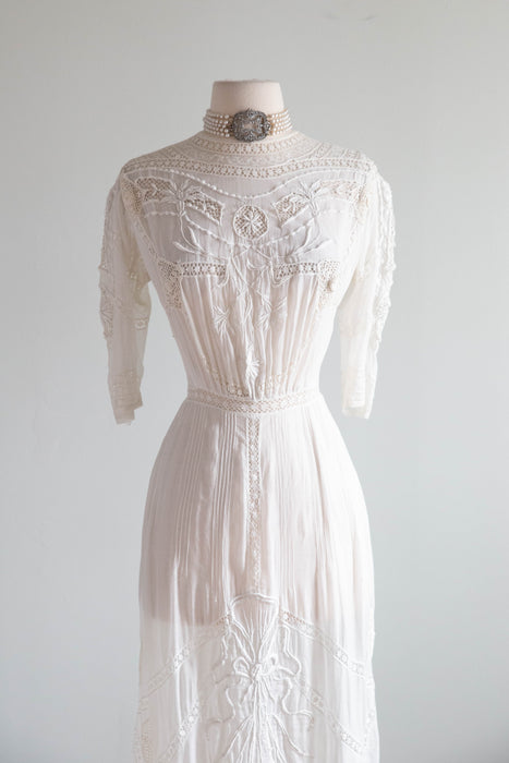 Extraordinary Antique Edwardian Hand Embroidered Wedding Gown / SM