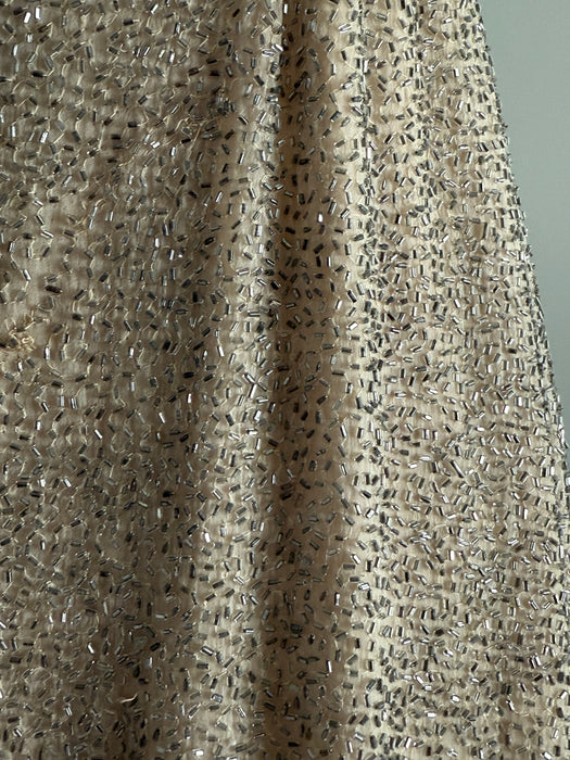 Elegant Early 1960's Silver Glass Beaded Cocktail Dress Over Nude Illusion Silk Chiffon / SM