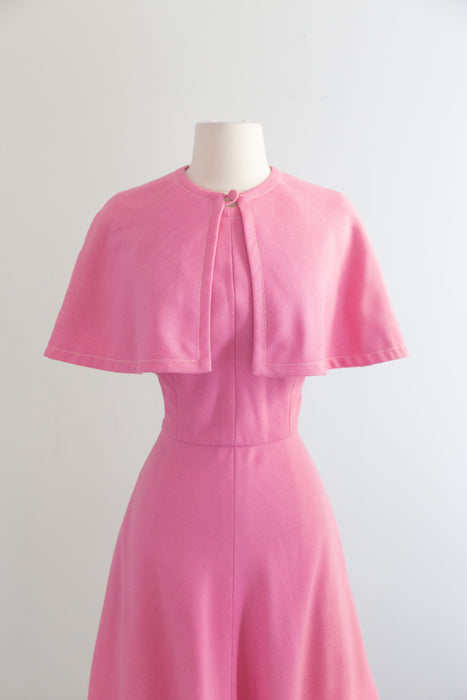 Fabulous Late 1960's Mollie Parnis Boutique Pink 2pc. Capelet Dress / SM