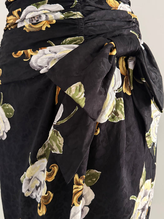 Glamorous 1980's Gilt Rose Print Strapless Silk Cocktail Dress / Small