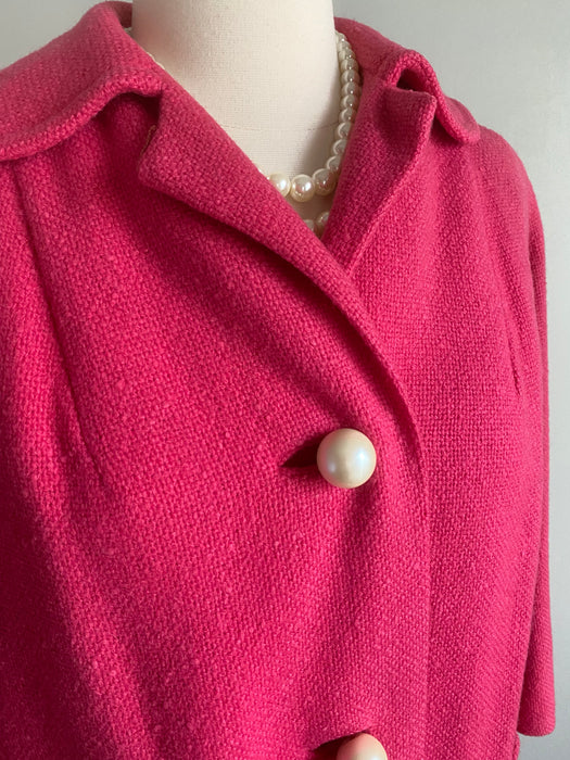 Fabulous 1960's Shocking Pink Wool Coat With Big Pearl Buttons / ML